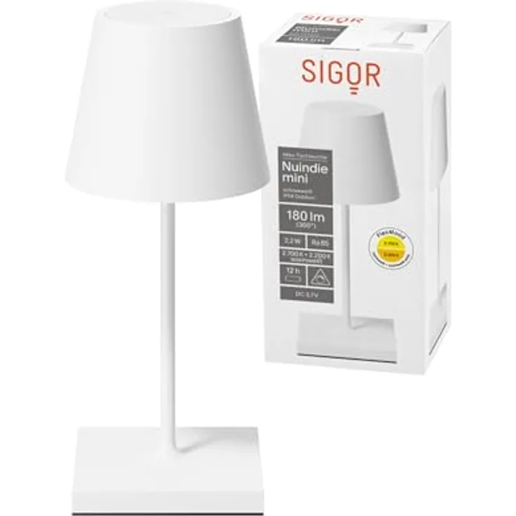 Sigor Nuindie mini LED-Akku-Tischleuchte, kabellose Leuchte mit IP54 Schutz, 12 Stunden Akkulaufzeit, dimmbar, pulverbeschichtet