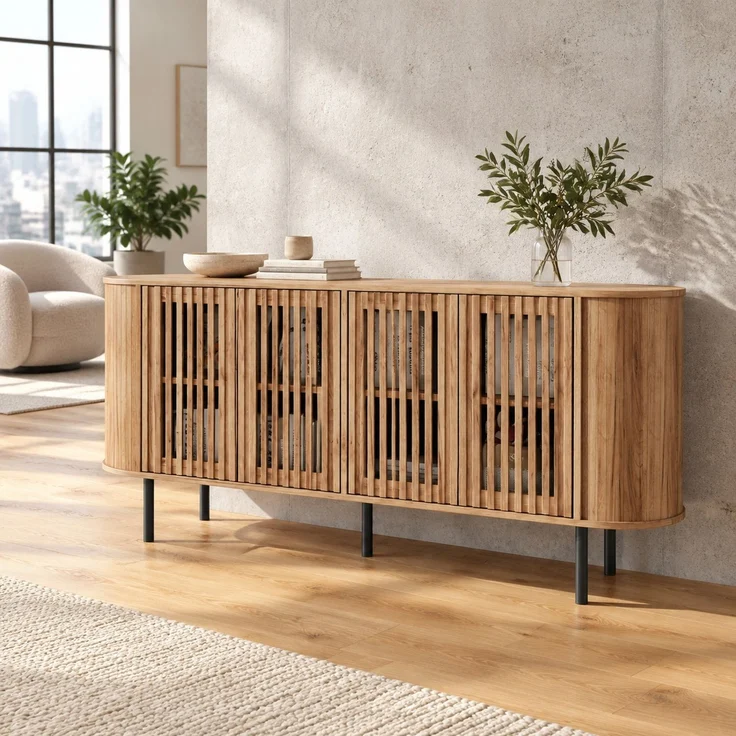 DESVIAE Sideboard Naturholzfarbe aus MDF – 160x70x40 cm – 4 perforierte Schiebetüren – Bild 1