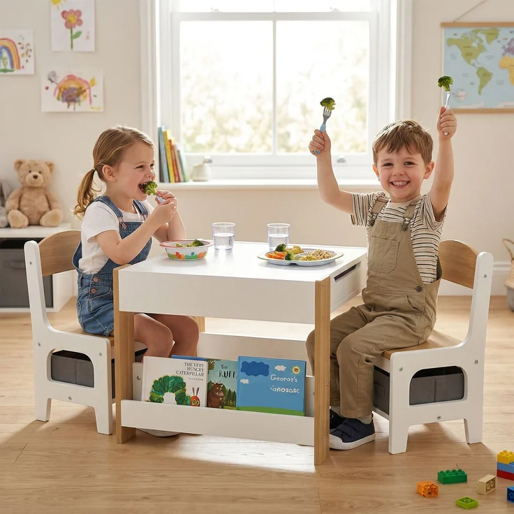 Kindertisch mit 2 Stühlen, 3-teilig, wendbare Tafelplatte, Aufbewahrungskorb und Ablagen – Bild 3