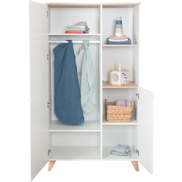 roba Kinderkleiderschrank 2-türig Leon - Hochwertige Griffe & Füße aus massivem Holz - Schrank mit zwei offenen Fächern - Weiß / Dekor Othello Eiche – Bild 4