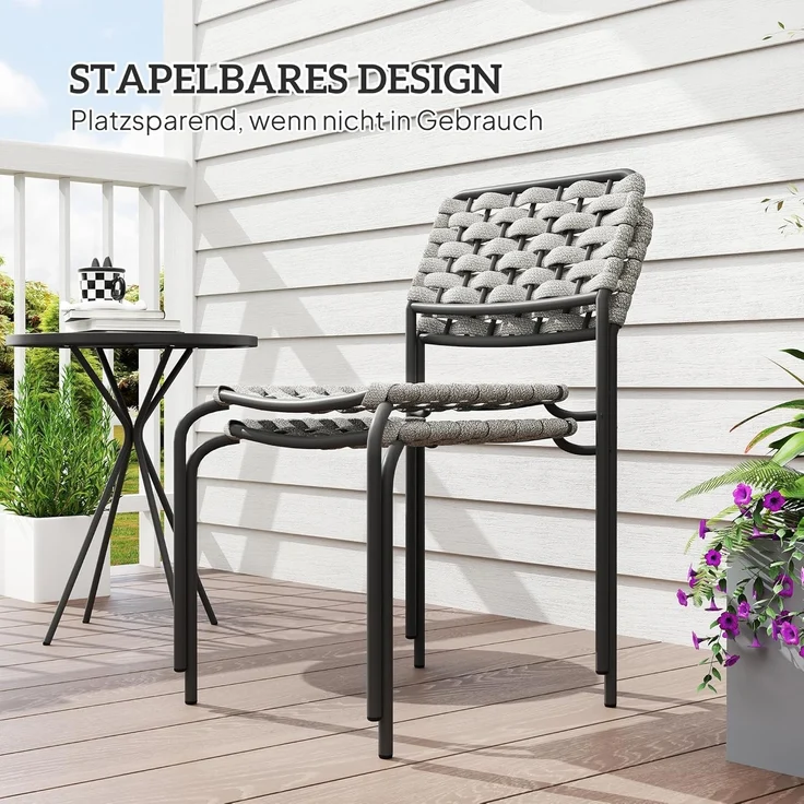 Outsunny Gartenlounge-Set 3-teilig, mit 2 Stapelbare Stühle, Tisch, (wetterfest Balkonmöbel für 2 Personen, 3-tlg, Polyrattan Gartenmöbel Set), für Garten, Terrasse Balkon, Grau – Bild 4