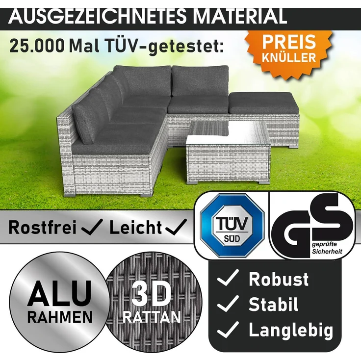 BRAST Gartenmöbel Lounge Sofa Couch Set Oase Grau Poly-Rattan für 4 Personen – Bild 3