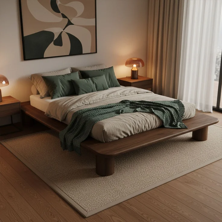 skølm 'Vestri' Futonbett 140x200 cm, Bettgestell aus Eiche Massivholz, Walnuss Optik lackiert, Massivholzbett 25 cm hoch, geeignet als Doppelbett – Bild 7