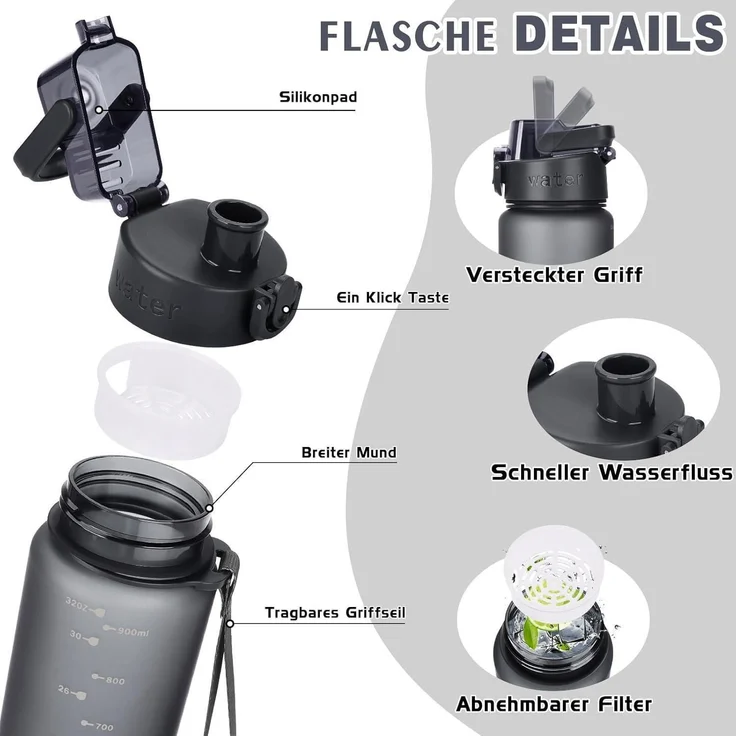 AOPREL Trinkflasche 1l BPA-Frei Tritan Sport Kohlensäure geeignet Grau – Bild 2