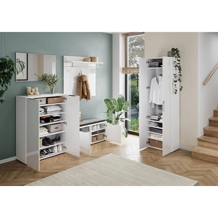 Garderobenschrank >GW-GENOVA< 5 Böden, Kleiderstange, Glas / Weiß - 59x197x40cm (BxHxT) – Bild 5
