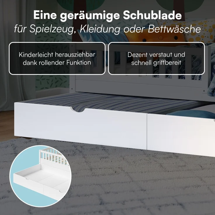 Bellabino 'Vils' Kinderbett 90x200 cm mit großer Schublade, weiß, Kiefer Massivholz, Montessori Bett mit Stauraum, mit abnehmbarem Rausfallschutz und Lattenrost – Bild 7