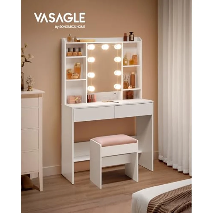 VASAGLE Schminktisch mit Beleuchtung, einstellbare Helligkeit, Hocker, Frisiertisch mit Spiegel, Kosmetiktisch mit verstellbaren Ablagen, 2 Schubladen, modern, wolkenweiß und pastellrosa – Bild 3