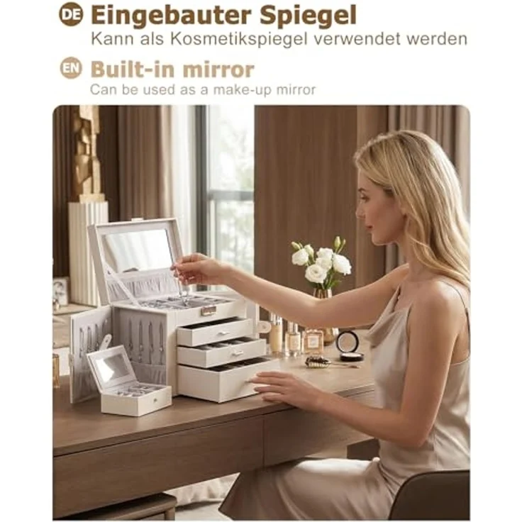 Yorbay Schmuckkasten Schmuckkoffer mit 4 Ebenen/2 Seitenfächern, Cremeweiß mit Holzmaserung (Abschließbar, Mit herausnehmbarer Mini-Box, Mit Spiegel), Schmuckkästchen für Halsketten/Uhren/Ringe/Armbänder/Ohrringe/Brille – Bild 5