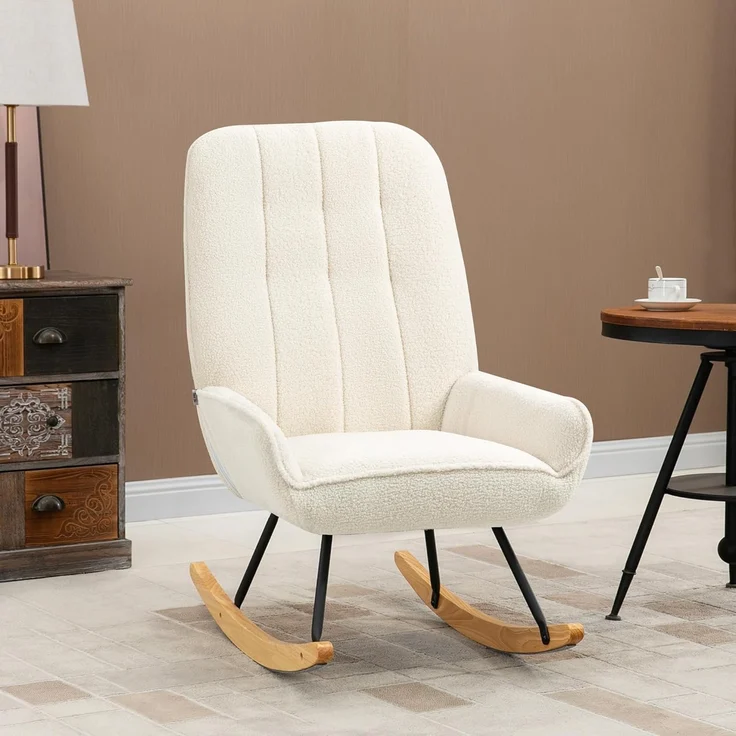 HOMCOM Schaukelstuhl mit Sherpa-Vlies Relaxstuhl, Wohnzimmersessel (Schaukelsessel, 1 St), für Wohnzimmer, Schlafzimmer, Sherpa Vlies, Cremeweiß – Bild 2