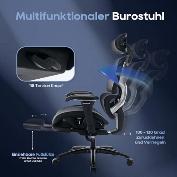 COLAMY Ergonomischer Bürostuhl mit Fußstütze, 3D-Armlehnen, Kopfstütze, Lendenwirbelstütze & Atmungsaktives Mesh – Schreibtischstuhl für Büro & Home Office, Schwarz – Bild 8