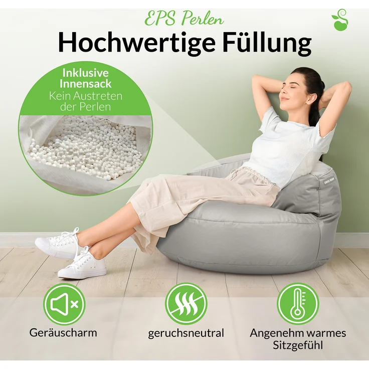 Green Bean® Sitzsack Sofa mit Füllmaterial - Lounge im Sitzsack-Design 90x50cm mit ergonomischer Rückenlehne & waschbarem Bezug - Indoor und Outdoor geeignet in Hellgrau – Bild 4