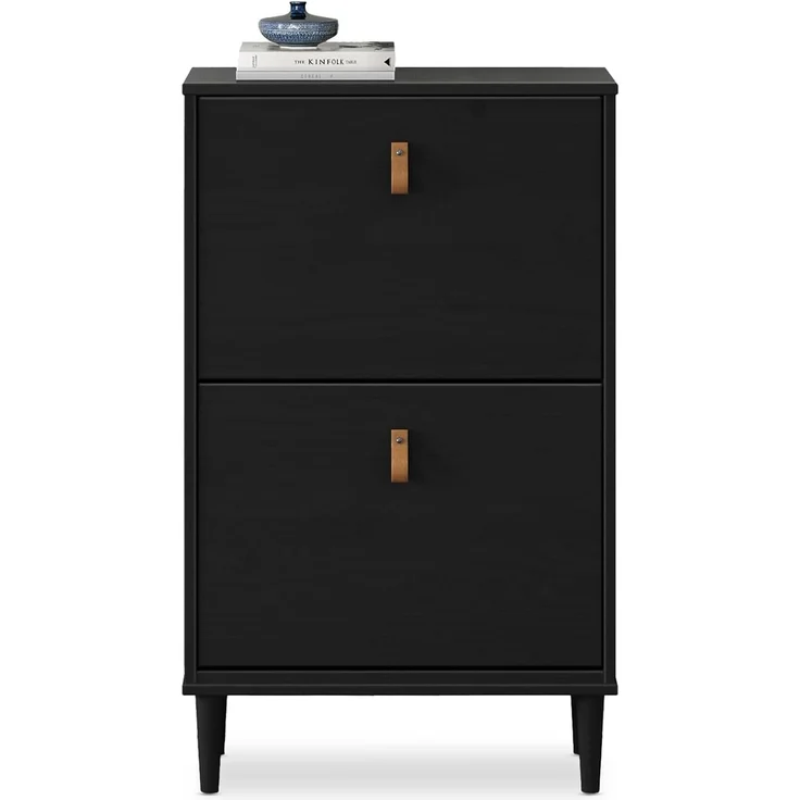 IDIMEX Schuhkommode MIKKA, Schmaler Schuhschrank mit 2 Klappen und Ledergriffen schwarz