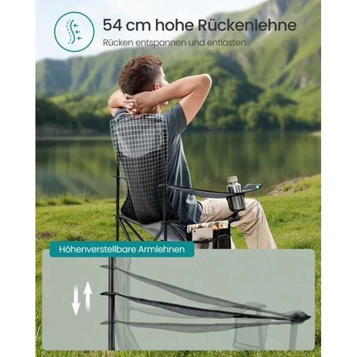 SONGMICS Campingstuhl 2er Set, Klappstuhl Outdoor, Angelstuhl, hohe Rückenlehne, verstellbare Armlehnen, Getränkehalter, klappbar, bis 150 kg belastbar, Camping Garten, schiefergrau GCBDE028G01 – Bild 4