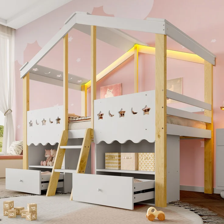 Kinderbett 90x200 cm Hausform Weiß + Natur, Hochbett für Kinderzimmer mit LED-Beleuchtung, 2 Schubladen, Stauraum, Leiter – Bild 4