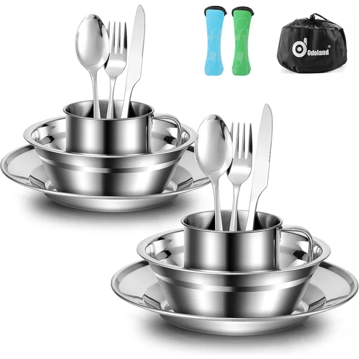 Campingbesteck Edelstahl Klappbesteck Set Teller Tasse 2 Personen