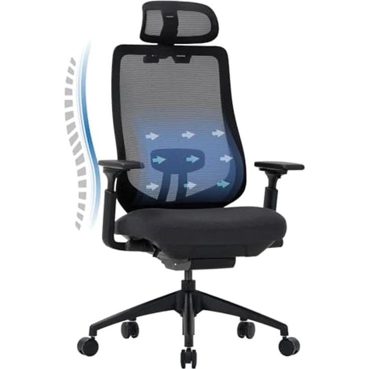 COLAMY XK01 Atlas Ergonomischer Bürostuhl, Netz-Chefsessel mit verstellbarem Kopfstütze, Computer Schreibtischstuhl Drehstuhl mit 4D-Armlehnen, Nylonbasis/Schiebesitz/Neigungssperre, Schwarz – Bild 2