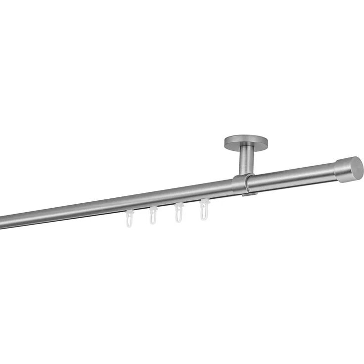 Gardinenstange auf Maß Innenlauf 20mm Cap 1-lauf Vorhangstange Deckenträger 4cm Stilgarnitur mit Gleiter für Vorhänge - Edelstahl-Optik - 100cm