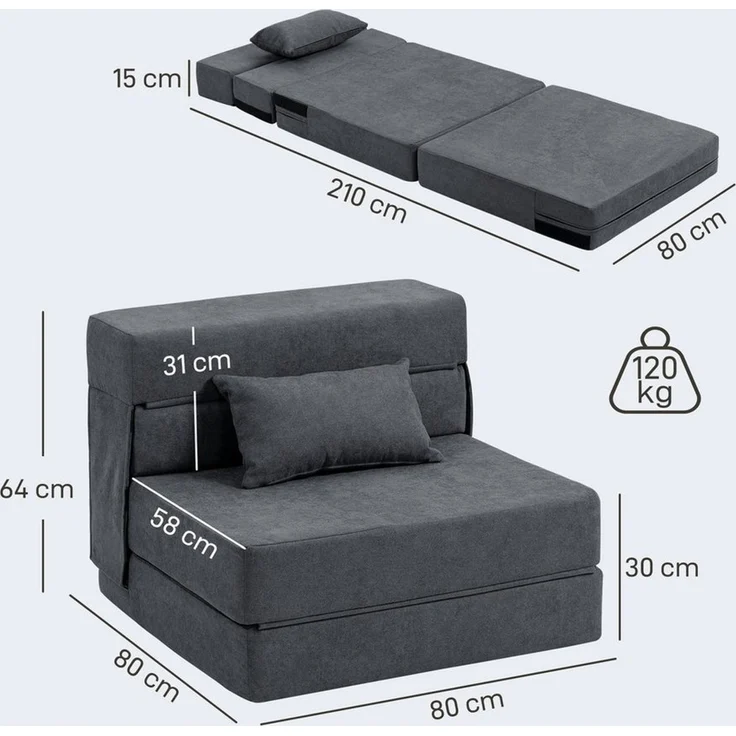 HOMCOM 2-in-1 Klappsessel mit Bettfunktion und Kissen, Gästebett, bis 120 kg Belastbar, Dunkelgrau, 210 x 80 x 15 cm – Bild 3