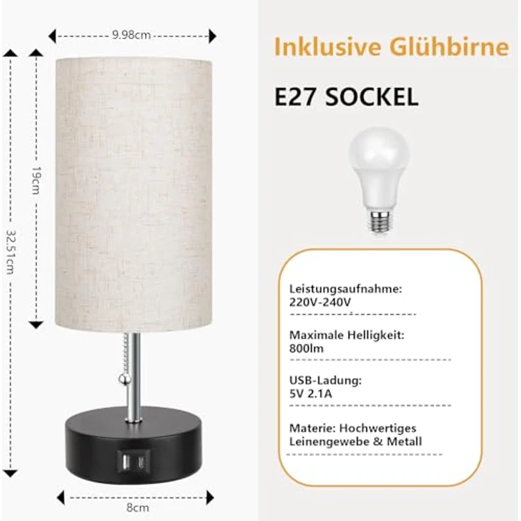 ROTTOGOON Nachttischlampe, Tischlampe mit USB A & C Ladefunktion, Otmeal | mit LED Glühbirne, 3000K/4000K/5000K, für Schlafzimmer Wohnzimmer – Bild 3