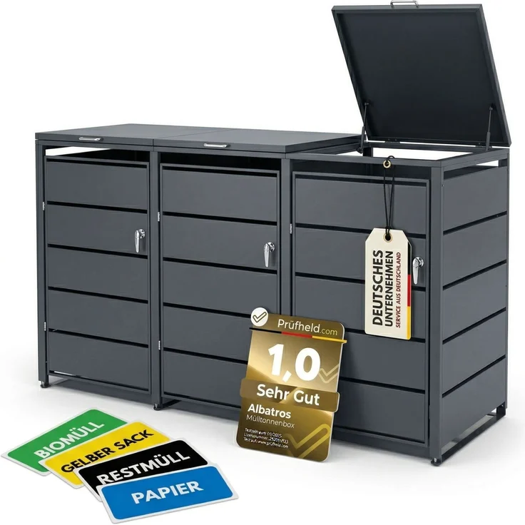 Albatros Mülltonnenbox 3er Tonne | bis 240 Liter | Anthrazitgrau RAL 7016 | verzinkter Stahl | Premium Dämpfer| Aufkleber-Set | wetterfest| verstellbare Füße| Türgriff mit Schloss | Gartenbox | entwickelt in Deutschland – Bild 1