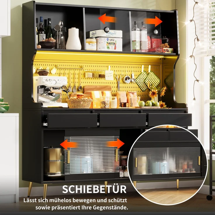 Hochschrank 144,9x39x171 cm mit LED-Beleuchtung, geriffelter Glasfront und Schiebetüren – Bild 7