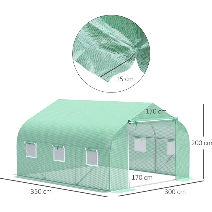 MELAYR, Gewächshaus 3.5 x 3 x 2 m Foliengewächshaus mit Rollbar Reißverschlusstür 6 Netzfenster Stützstangen, Dunkelgrün – Bild 5