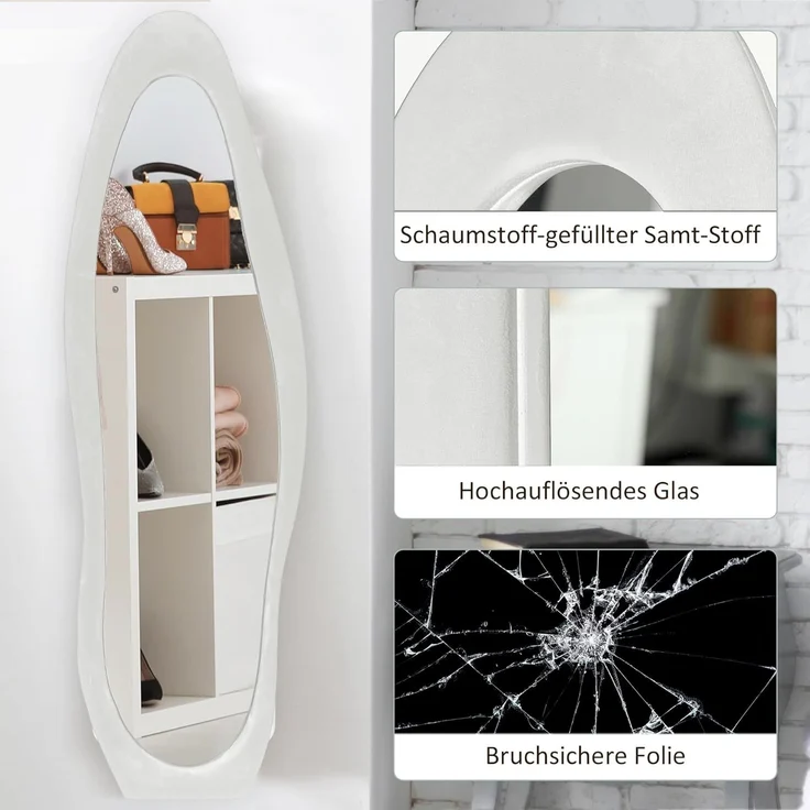 HOMCOM Standspiegel 50 x 160 cm mit samtartiger Rahmenbezug (Wandspiegel, 1-St, Ganzkörperspiegel), für Schlafzimmer, Wohnzimmer, Weiß – Bild 4