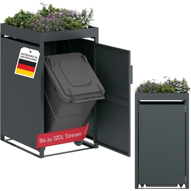 STEELSØN 'Thoria' Mülltonnenbox 1er je 120 Liter, anthrazit, Mülltonnenverkleidung aus Stahl, wetterfest, 111x62x60,5 cm, Müllbox mit Pflanzendach für 1 Tonne – Bild 1