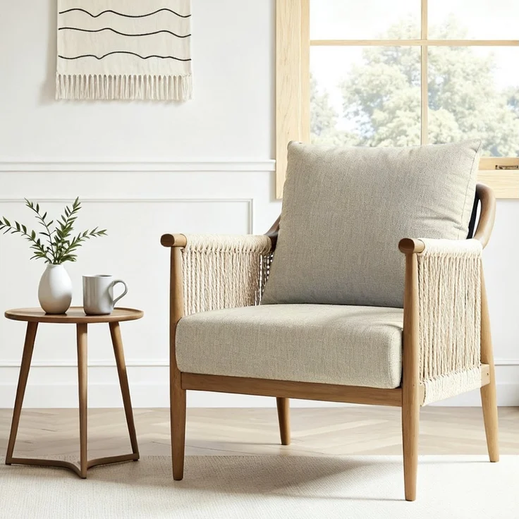 FLEXISPOT Loungesessel Akzentstuhl handgeflochten AC3 (Boho Rattanstuhl mit atmungsaktivem Design Beige), Vielseitiger Indoor & Outdoor Stuhl mit komfortablen Kissen – Bild 5