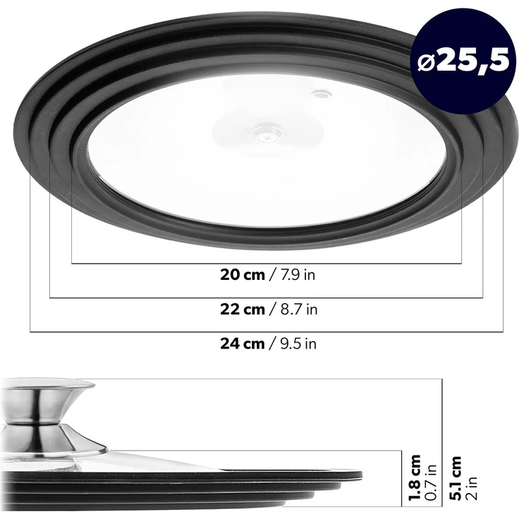 KADAX Universaldeckel 20/22/24 cm, Universal Deckel für Töpfe & Pfannen, Pfannendeckel, Glasdeckel mit Silikonrand und Dampfloch, Topfdeckel (Silber) – Bild 2
