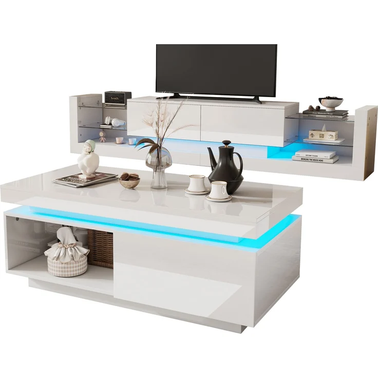 Merax TV-Wandschrank-Set, Weißes TV-Schrank + Weißes Couchtisch, Weißes Hochglanz-Wandschrank, Wohnzimmerset, Hochglanz-Set mit LED-Leuchten – Bild 9
