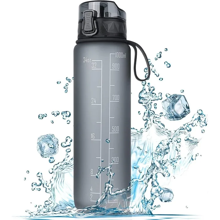 FULDENT Trinkflasche 1L Sport Wasserflasche BPA Frei rutschfest Gummi Grip Grau