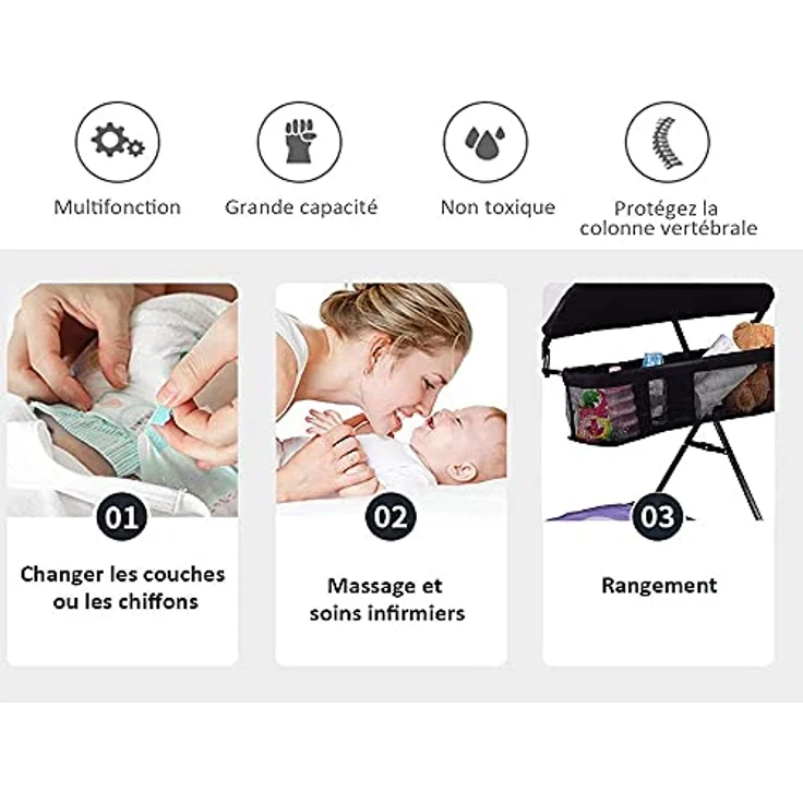 Wickeltisch, faltbar und tragbar, mit Aufbewahrung, Sicherheitsgurt, platzsparend und stabil, klappbarer Wickeltisch, Babyzimmer, höhenverstellbar (schwarz und weiß) – Bild 3