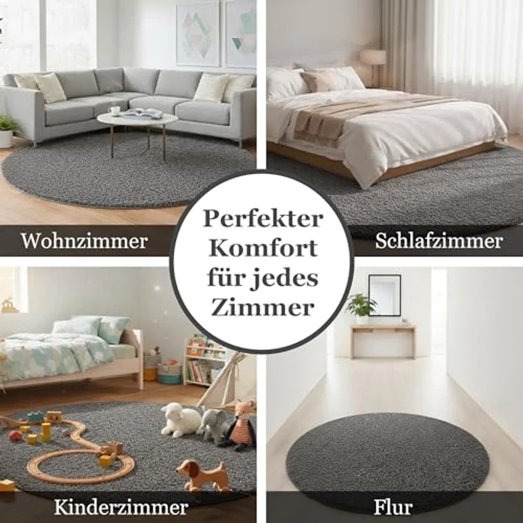 TaraCarpet Langflor-Teppich Venezia Shaggy, rund, Höhe: 35 mm, Hochflor Shaggy Uni Anthrazit Wohnzimmer Schlafzimmer 080x080 cm – Bild 6