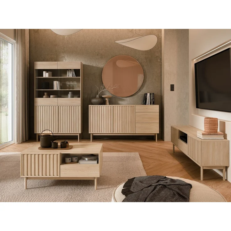 Beautysofa Kommode SAPPORO im Japandi-Stil (Push-to-Open-Funktion, mit 3 Schubladen und 2 Tür), Lamellenfront – Bild 2
