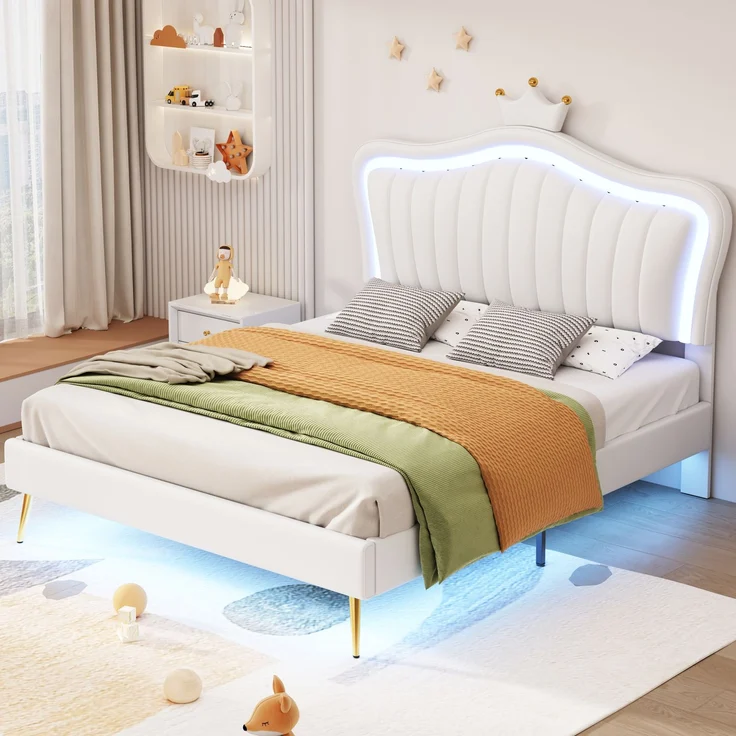 Kinderbett Muschelform mit Krone, LED Beleuchtung, Kunstleder Polsterbett 140x200 cm, stabiler Rahmen, leicht zu reinigen – Bild 1