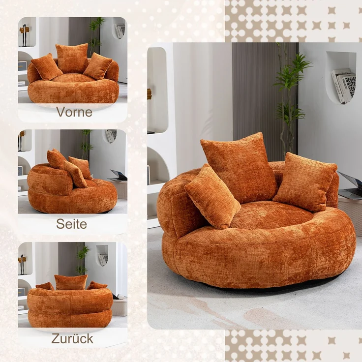 LVHOM XXL Sitzsack Chenille mit 3 Kissen, Lazy Sofa Kuschelig & Atmungsaktiv, Memory Foam Split, 108x108x52cm – Bild 6