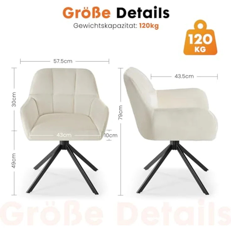 Sweetcrispy Esszimmerstuhl, 360° Drehstuhl Esszimmer, Küchenstuhl, Samt Schminktisch Stuhl, bis 120 kg belastbar, Sessel mit Armlehnen Stahlbeine, Schreibtischstuhl für Arbeitszimmer, Beige – Bild 4