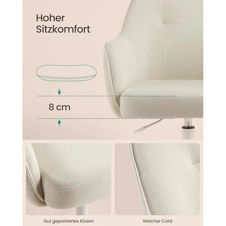 SONGMICS Homeoffice-Stuhl, Drehstuhl, Schreibtischstuhl, höhenverstellbar, bis 110 kg belastbar, Cord, für Arbeitszimmer, Schlafzimmer, sandbeige OBG019LZ01 – Bild 6