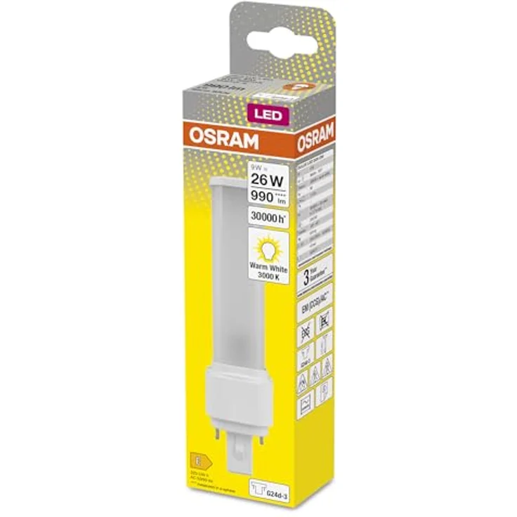 OSRAM LED-Lampe G24d-3 Dulux D26, 9W 3000K für KVG, einfacher Austausch von Kompaktleuchtstofflampen – Bild 6