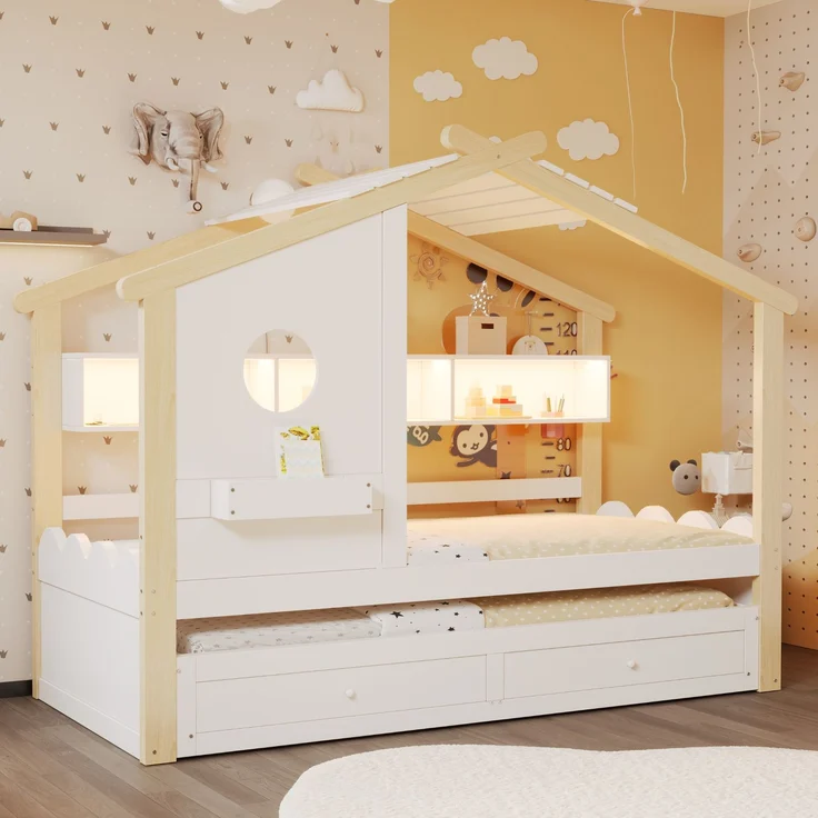 Merax Kinderbett, Jugendbett, 90x200cm, mit Ausziehbett 90x190cm, mit 2 Schubladen, mit USB- und Typ-C-Ladeanschlüssen und LED, mit Einlegeböden, Weiß + Natur – Bild 6