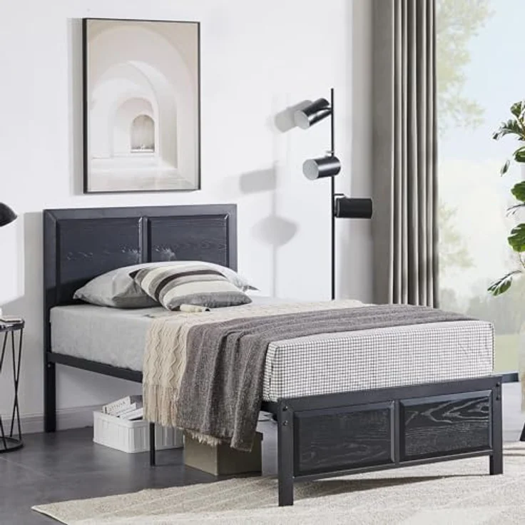 VECELO Bettgestell 90x200 cm, Metallbett mit Dick Holzkopfteil und Lattenrost, Modern Gästebett Jugendbett mit Stauraum Unter Dem Bett, Perfekt für Schlafzimmer, Schwarz – Bild 7