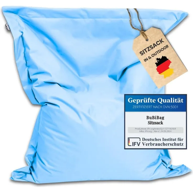 BuBiBag XXL Sitzsack, Outdoor Sitzsäcke für Kinder und Erwachsene, Bodenkissen Beanbag Fatboy wetterfest (Hellblau 180x145 cm)