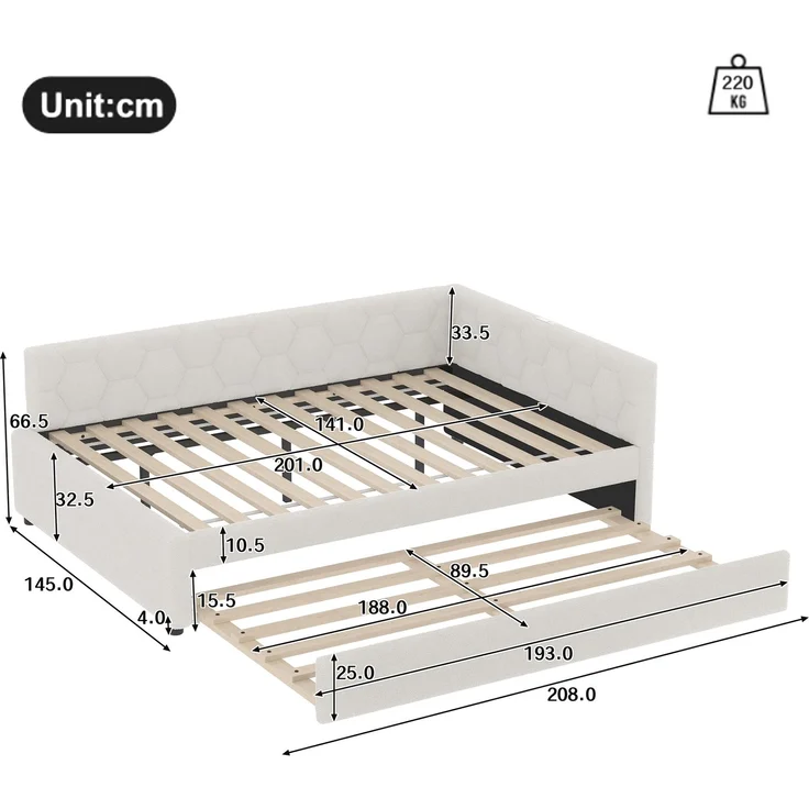 Daybett, 140*200cm Tagesbett, Schlafsofa, Bett mit Lattenrost (ohne Matratze), mit Nachttischlampe, mit multifunktionalem Ausziehbett, USB-Anschluss, Typ-C, Komfortmaterial, Vliesimitat, Weiß – Bild 9