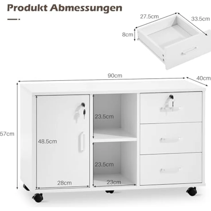 TUKAILAI Rollcontainer Abschließbar mit 3 Schubladen, Lagerung Fach und Offene Regale, Aktenschrank, Büroschrank mit Rollen, Dokumente in DIN-A4, Legal, Letter-Format, Büromöbel, Weiß – Bild 4