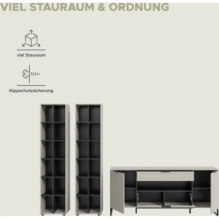 Wohnkombination B/H/T: 305x192x41 cm in Kaschmir Nachbildung und schwarz – Bild 10