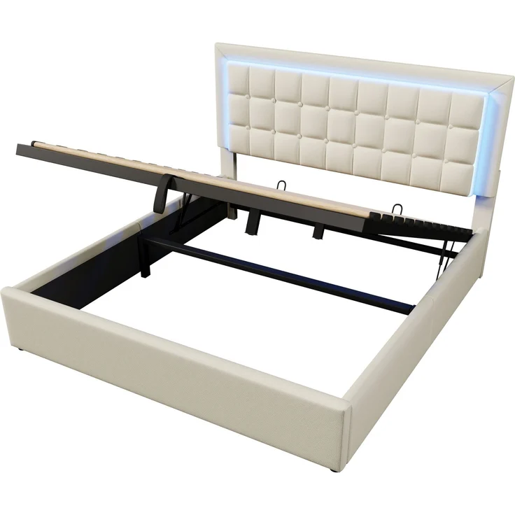 Merax Polsterbett, 180x200cm Doppelbett inkl. LED-Beleuchtungsleiste, Stauraumbett Funktionsbett Bezug aus Kunstleder Weiß – Bild 9
