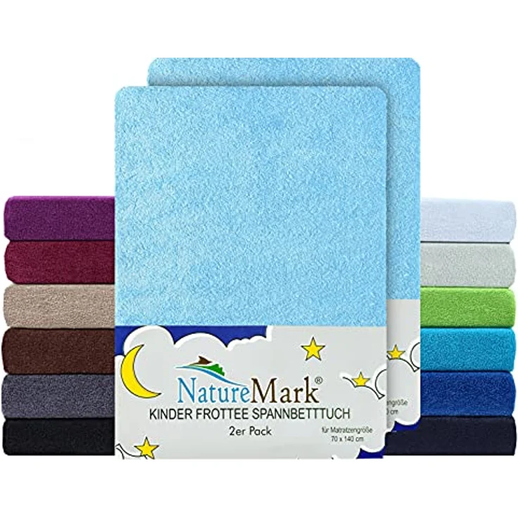 NatureMark Spannbettlaken Frottee Spannbettlaken, 80% Baumwolle / 20% Polyester, Gummizug: rundum, (2 Stück), 2er Set Kinder Spannbettlaken Frottee, Spannbetttuch 80% Baumwolle / 20% Polyester, für Babybett und Kinderbett, 70x140 cm - Hellblau – Bild 2