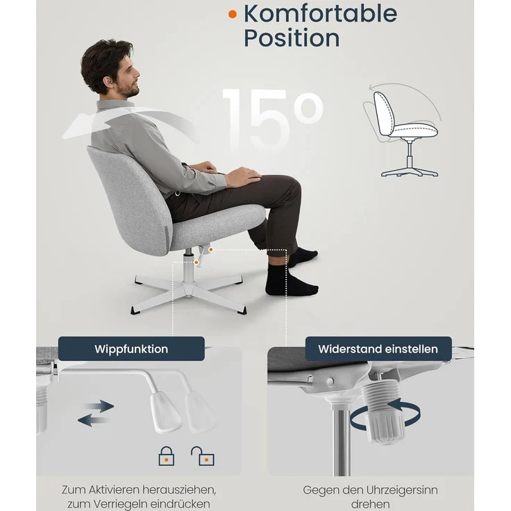 SONGMICS HOME Schneidersitz Stuhl, Schminkstuhl, Drehstuhl ohne Armlehnen, Schreibtischstuhl, breite Sitzfläche, modern, mit Kreuzfuß, höhenverstellbar, Wippfunktion, Taubengrau OBG046G01 – Bild 7