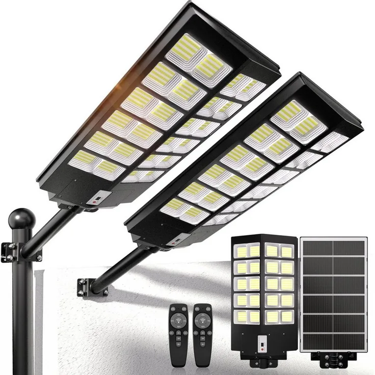 Rhein Beleuchtung LED Solarleuchte 3000W LED Solarleuchten für außen als hängendes Spotlight, Solarlampen für außen mit Timer, perfekt für Garten, Hof und Einfahrt, LED fest integriert, 7000K kaltweiß, 120000 lm, IP67 wasserdicht mit Bewegungsmelder, i...